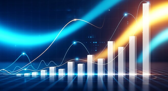 A dynamic 3d rendering showcases a vibrant bar graph with rising trends, illuminated by glowing blue and orange light trails, symbolizing growth and success