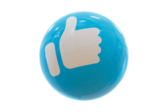 A blue orb with a white thumbs-up icon, symbolizing approval and positivity