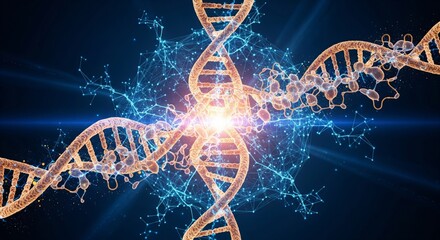 AI Analyzing DNA and Molecular Structure. DNA double helix or a protein molecule structure is glowing in the center. representing AI processing genetic data for drug discovery or research.