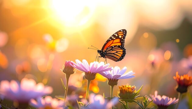 Monarch butterfly on daisies with a sunlit background, creating a warm and dreamy, inviting, peaceful scene