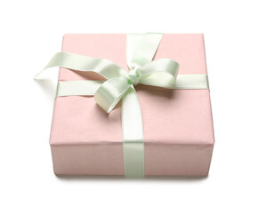 Pink gift box on white background. International Women's Day
