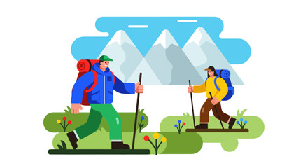 Obraz premium Adventurous Couple Traversing Mountainous Terrain in a Vividly Illustrated Scene