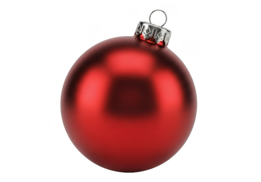 A single red christmas ornament with a metallic cap and loop, isolated on a transparent background