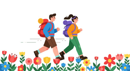 Adventurous Couple Trekking Through A Scenic Floral Landscape Amidst Dark Backdrop