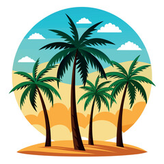 Tropical palm tree pattern with sunset colors and beach background