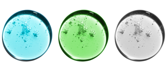 Texture swatch of blue, green hyaluronic acid serum gel on transparent isolated background, macro. Detergent, cosmetics, laboratory. A round drop in a petri dish