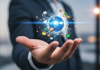 A businessman holds a glowing atom model in his hand, representing scientific research, technological advancement, and the power of innovation in a modern business context