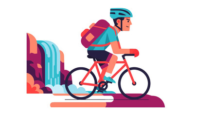 Fototapeta premium Adventurous Cyclist With Backpack Exploring Landscape Next To Waterfall In Unique Style