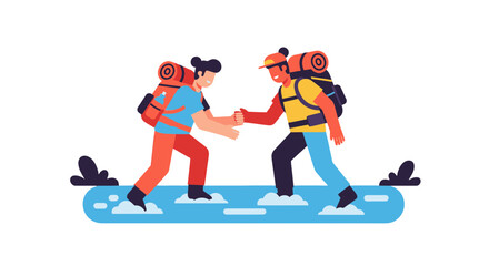 Obraz premium Adventurous Duo Hiking Together Across Blue Terrain Reaching For Success