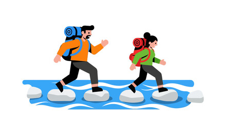 Obraz premium Adventurous Duo Navigating River, Symbolic Illustration Depicting Perseverance And Travel