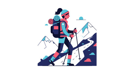Obraz premium Adventurous Explorer Ascending Mountain: A Vibrant Illustration In Minimalist Style