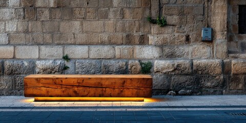 Modern wooden bench illuminated with warm light against a stone wall.