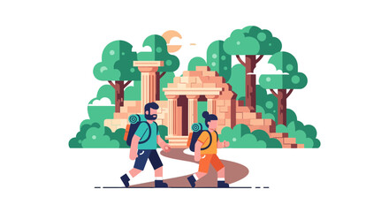 Fototapeta premium Adventurous Explorers Embark on a Journey to Discover Ancient Ruins in a Serene Landscape