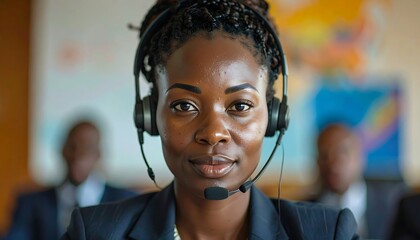 Portrait of a woman with a headset in front of blurred people; looks friendly and professional in dark suit
