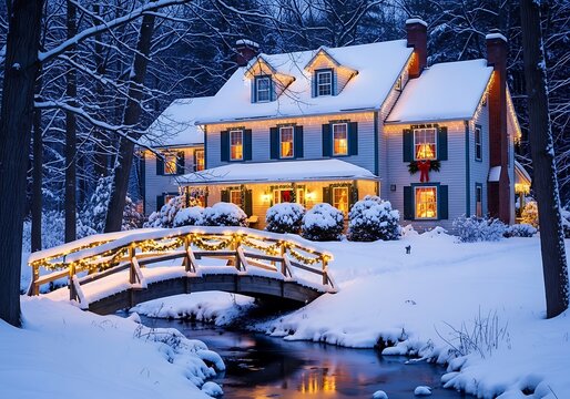 Charming house decorated with christmas lights in a snowy winter landscape - Powered by Adobe
