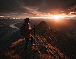 Hiker observes dramatic sunset from a rocky mountain peak.