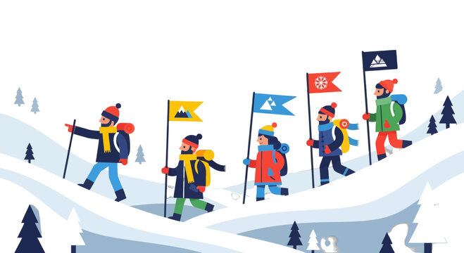 Adventurous Explorers Embarking on a Snowy Mountain Expedition Towards Their Goals