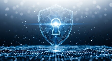 Digital data protection shield with keyhole, cyber security concept, information privacy, abstract technology background, network security system