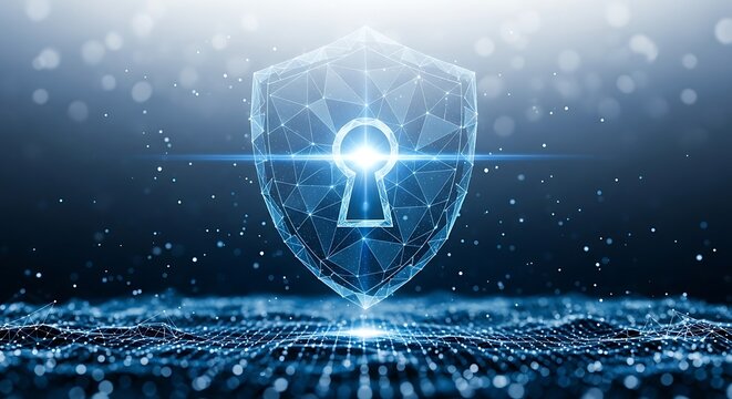 Digital data protection shield with keyhole, cyber security concept, information privacy, abstract technology background, network security system
