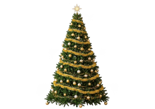 A beautifully decorated christmas tree with golden ornaments and tinsel, isolated on a transparent background