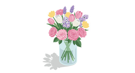 Obraz premium Elegant floral bouquet with mixed flowers in glass vase on white background