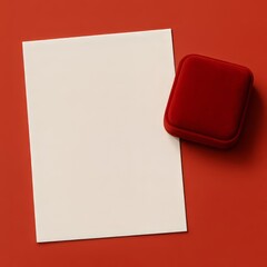Blank paper with red velvet jewelry box on red background, copy space mockup for love letter or wedding invitation