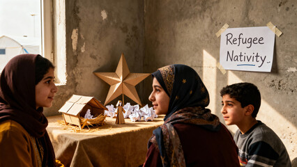 Two Muslim children discussing refugee nativity scene indoors with female adult  
