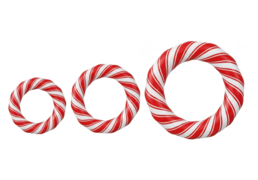 Three candy cane wreaths in different sizes isolated on transparent background