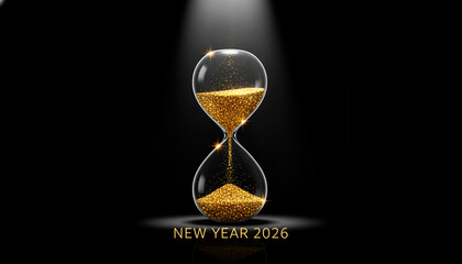 Hourglass with golden sand symbolizing New Year 2026 concept  