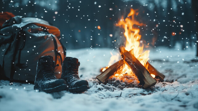 Winter nights by the fire with hiking boots drying in a snowy mountain clearing after an adventurous hike