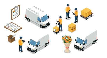 Isometric delivery service concept with vans and workers