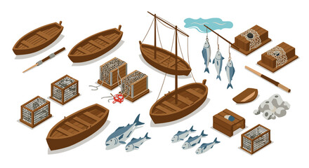 Isometric fishing equipment and boats collection for nautical themed design