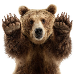 Fototapeta premium Png of a brown bear raising its paws, isolated on transparent background, showcasing its powerful claws and furry face