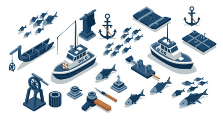 Isometric nautical elements and fishing theme with boats and marine icons