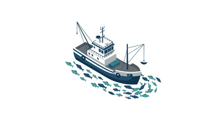 Obraz premium Isometric fishing trawler surrounded by fish on white background
