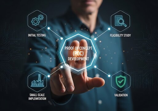 Human hand touching a holographic Proof of Concept (POC) development diagram showing initial testing, feasibility study, validation, and small-scale implementation on a dark background