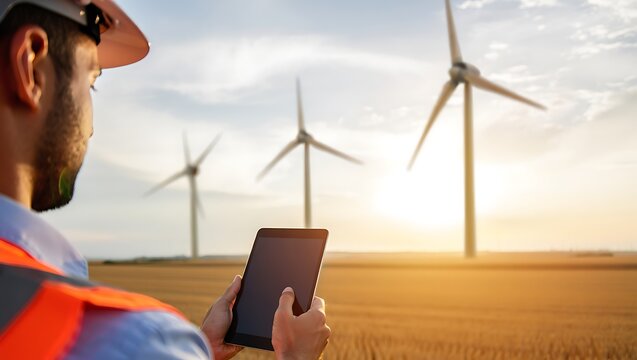 Engineer Inspecting Wind Turbines with Digital Tablet for Renewable Energy - Powered by Adobe