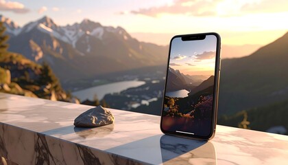 Phone showing lake view, sits on a marble ledge against mountain backdrop at sunset, with rock near