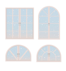 Vector windows with winter snow, landscape. Beautiful Christmas interior elements. Part of New Year's poster, postcard, decorative element