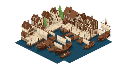 Charming isometric medieval village port scene with sailboats and halftimbered houses
