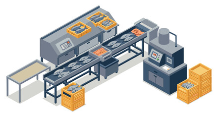 Obraz premium Isometric fish processing factory conveyor belt with modern equipment and packaging