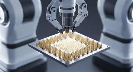 Robotic arms precisely placing a microchip on a circuit board, highlighting advanced technology and precision engineering in a futuristic setting