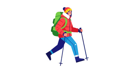 Fototapeta premium Adventurous Hiker Walking With Backpack And Poles Against a Black Backdrop Illustration