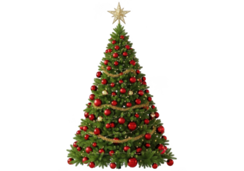 Beautifully decorated christmas tree with red ornaments and a golden star on top, isolated on transparent background