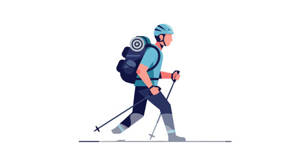 Fototapeta premium Adventurous Hiker Walking With Backpack and Poles Against The Black Background