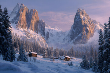 Majestic winter mountain landscape with snow-covered peaks and pine forest