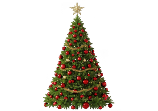 Beautifully decorated christmas tree with red ornaments and a golden star on top, isolated on transparent background