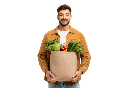Smiling man holding bag full of fresh produce on a transparent background, cut out