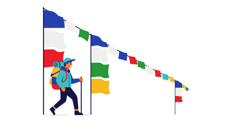Adventurous Hiker Walking With Prayer Flags Against a Dark Backdrop Creating an Artistic Composition