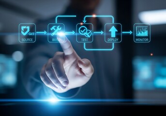Businessman touching a digital screen displaying a workflow automation process, representing efficiency, optimization, and streamlined business operations
